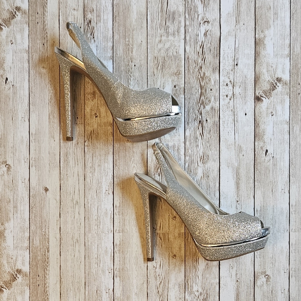 Aldo Silver Sparkle Peeptoe Platform Heels SZ 10 - Picture 5 of 8